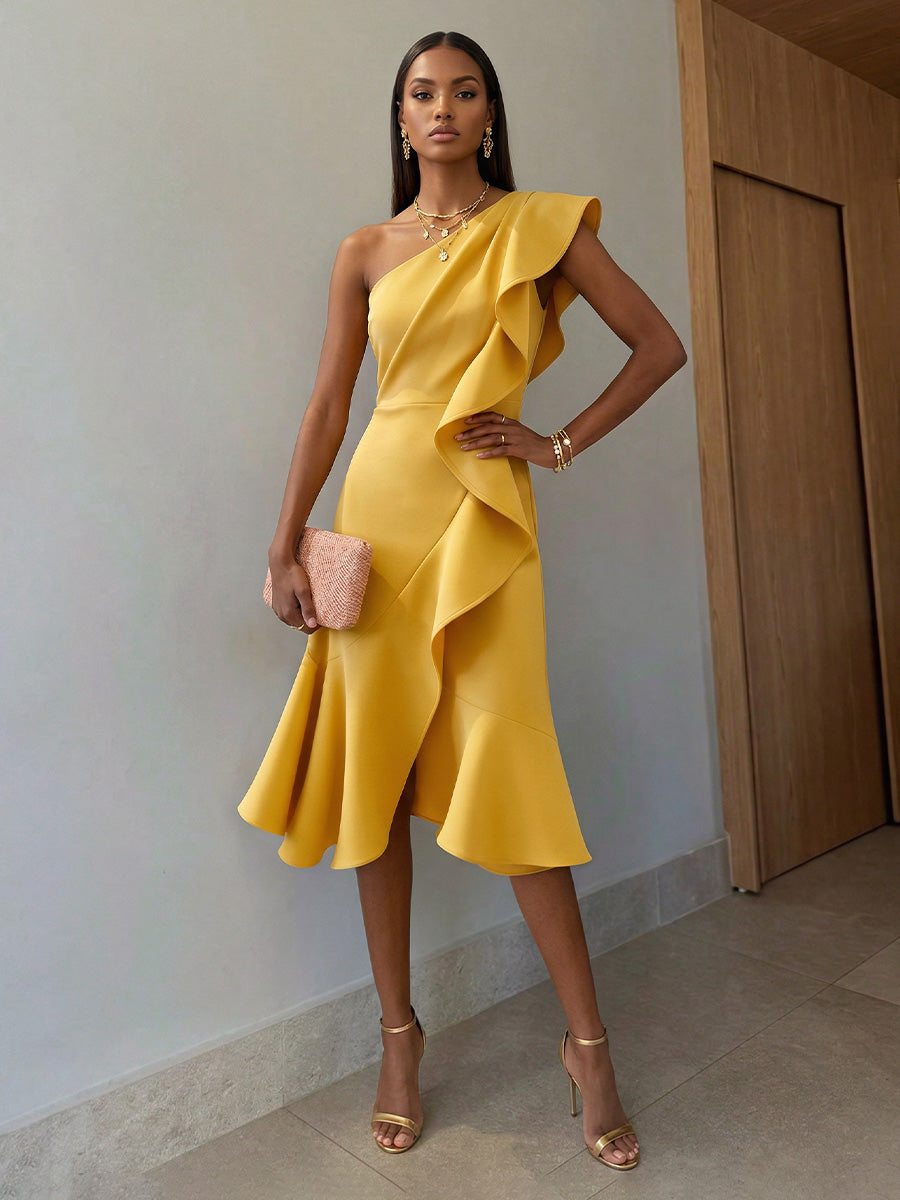 Mermaid Elegant Cocktail Dresses Satin One Shoulder Tea-Length Ruffles Sleeveless