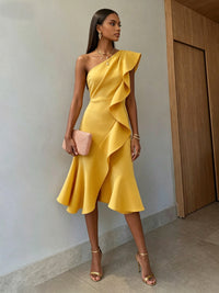 Mermaid Elegant Cocktail Dresses Satin One Shoulder Tea-Length Ruffles Sleeveless