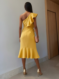 Mermaid Elegant Cocktail Dresses Satin One Shoulder Tea-Length Ruffles Sleeveless