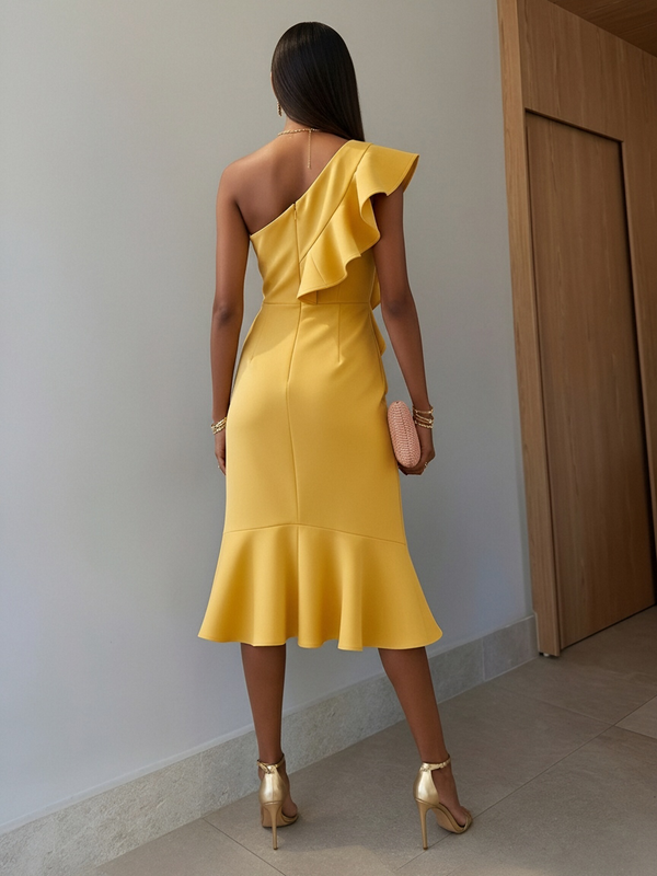 Mermaid Elegant Cocktail Dresses Satin One Shoulder Tea-Length Ruffles Sleeveless