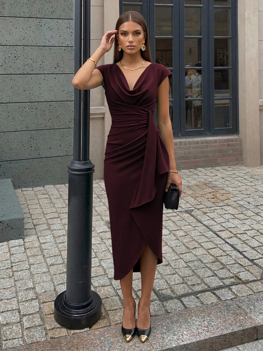 Sheath Elegant Cocktail Dresses Satin Cowl Neck Tea-Length Ruched Waist Sleeveless