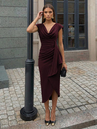 Sheath Elegant Cocktail Dresses Satin Cowl Neck Tea-Length Ruched Waist Sleeveless