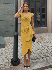 Sheath Elegant Cocktail Dresses Satin Cowl Neck Tea-Length Ruched Waist Sleeveless