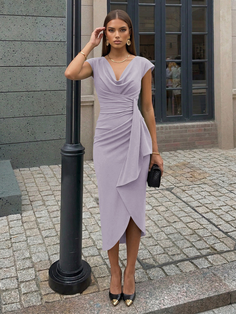 Sheath Elegant Cocktail Dresses Satin Cowl Neck Tea-Length Ruched Waist Sleeveless