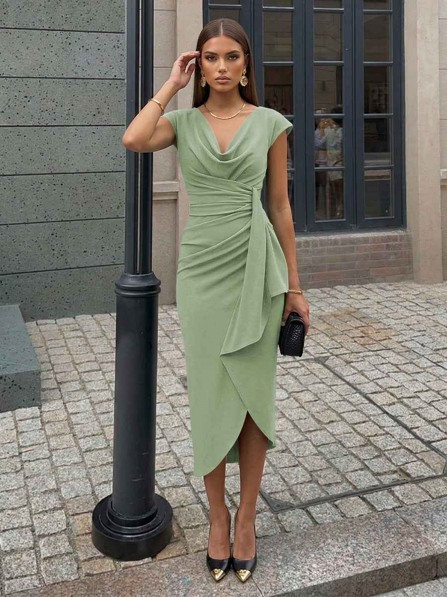 Sheath Elegant Cocktail Dresses Satin Cowl Neck Tea-Length Ruched Waist Sleeveless