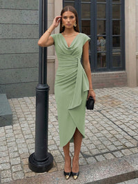 Sheath Elegant Cocktail Dresses Satin Cowl Neck Tea-Length Ruched Waist Sleeveless