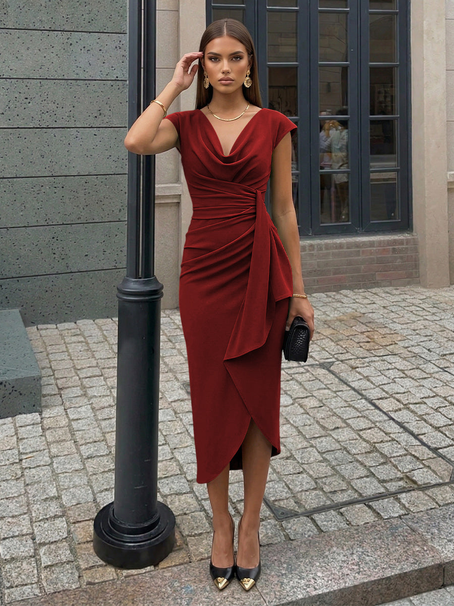 Sheath Elegant Cocktail Dresses Satin Cowl Neck Tea-Length Ruched Waist Sleeveless