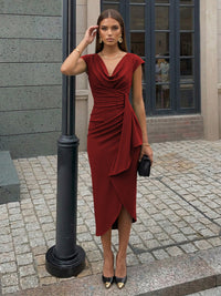 Sheath Elegant Cocktail Dresses Satin Cowl Neck Tea-Length Ruched Waist Sleeveless