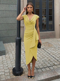 Sheath Elegant Cocktail Dresses Satin Cowl Neck Tea-Length Ruched Waist Sleeveless