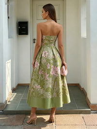 A-Line/Princess Elegant Cocktail Dresses Strapless Satin Jacquard Tea-Length Sleeveless
