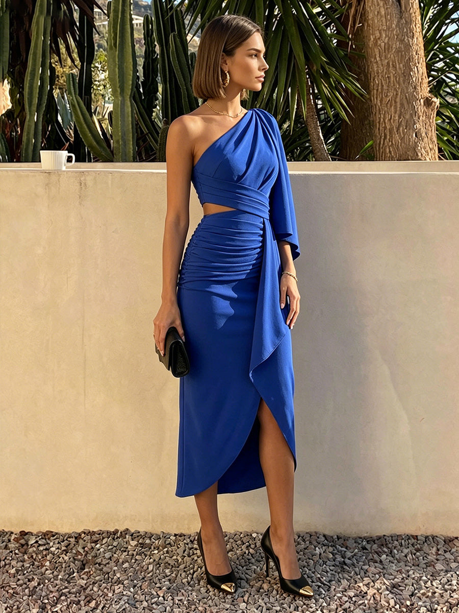 Sheath/Column Elegant Cocktail Dresses One Shoulder Tea-Length Ruched Waist