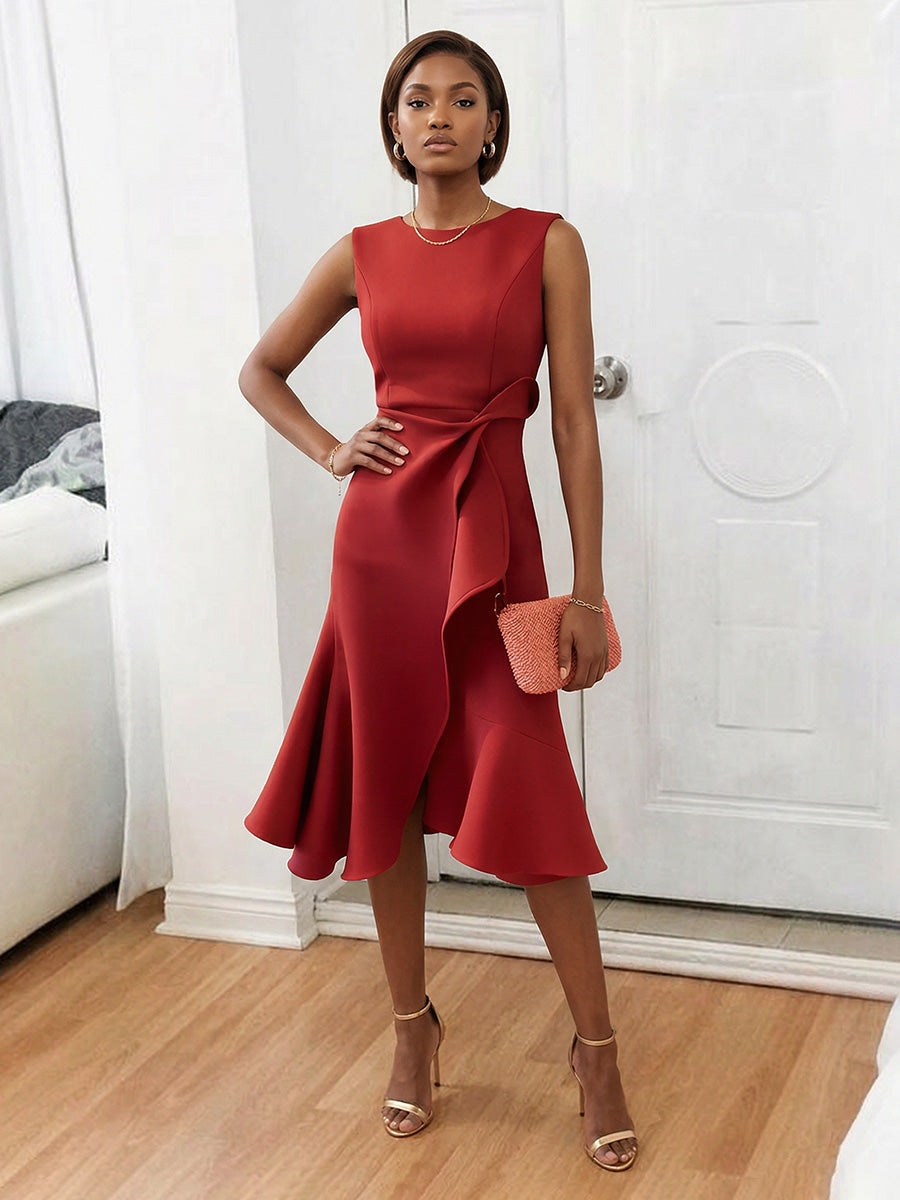 Mermaid Elegant Cocktail Dresses Scoop Neck Satin Tea-Length Ruffles
