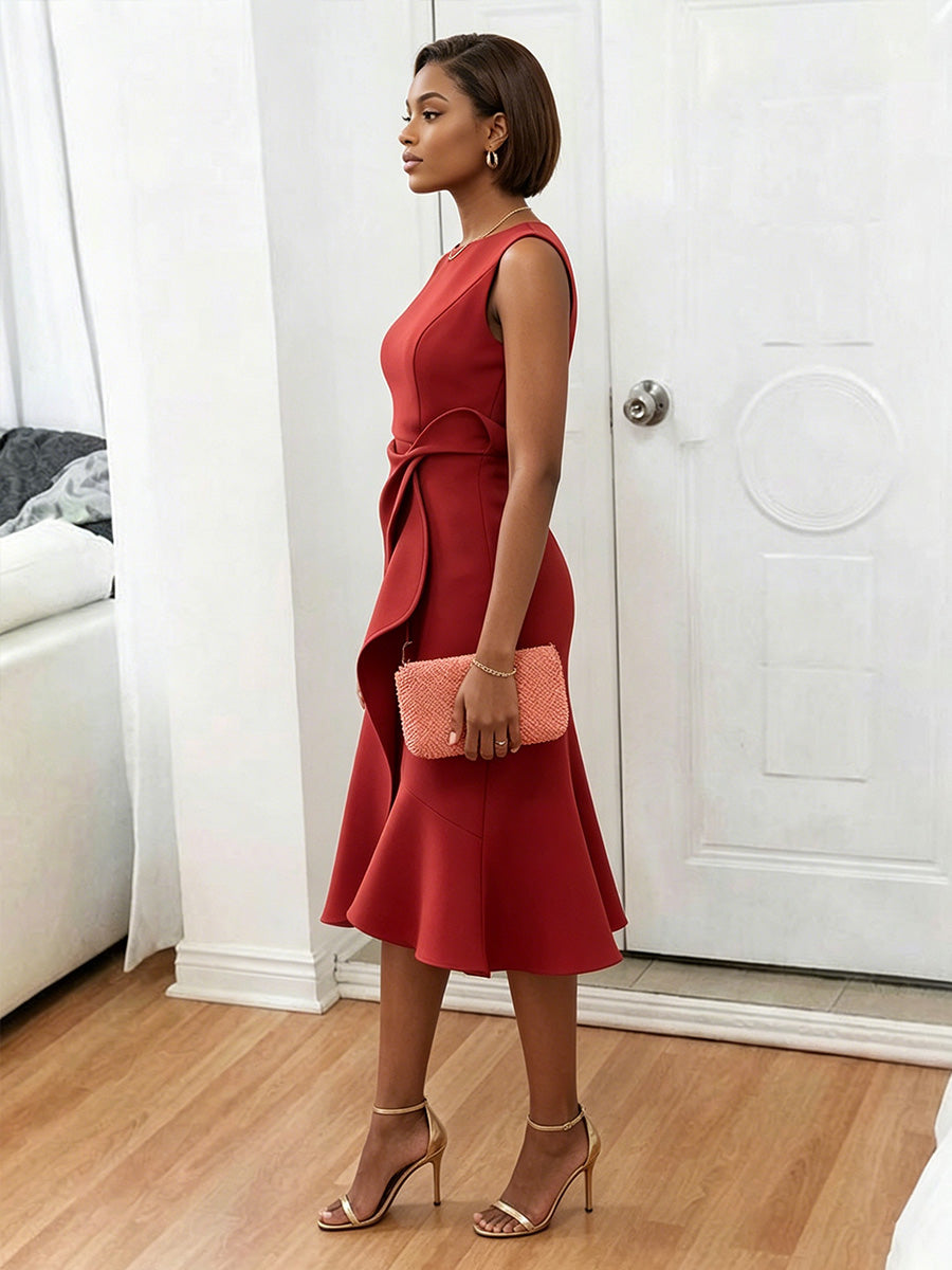Mermaid Elegant Cocktail Dresses Scoop Neck Satin Tea-Length Ruffles