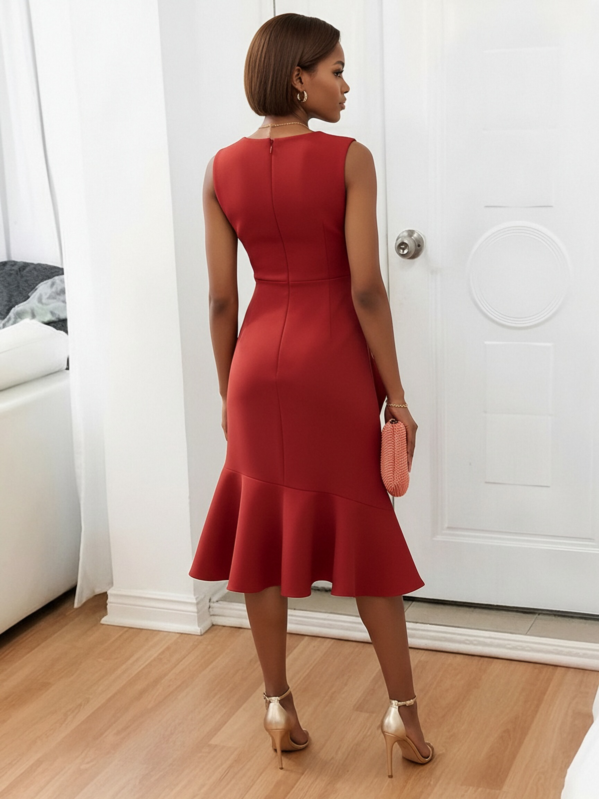 Mermaid Elegant Cocktail Dresses Scoop Neck Satin Tea-Length Ruffles
