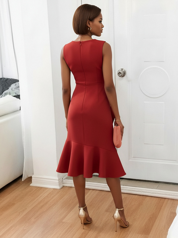 Mermaid Elegant Cocktail Dresses Scoop Neck Satin Tea-Length Ruffles