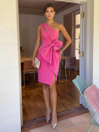 Sheath/Column Elegant Cocktail Dresses One Shoulder Satin Short-Length with Bowknot Waist