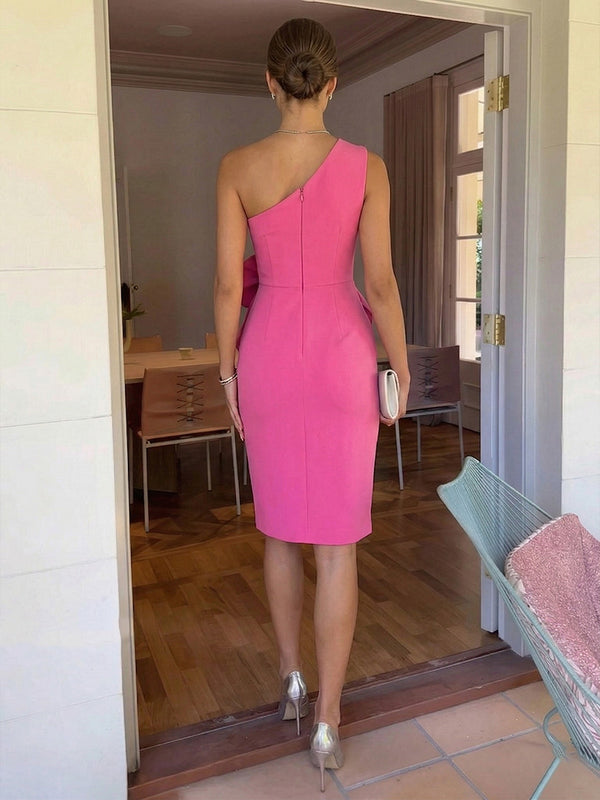 Sheath/Column Elegant Cocktail Dresses One Shoulder Satin Short-Length with Bowknot Waist