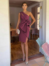 Sheath/Column Elegant Cocktail Dresses One Shoulder Satin Short-Length with Bowknot Waist