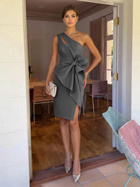 Sheath/Column Elegant Cocktail Dresses One Shoulder Satin Short-Length with Bowknot Waist
