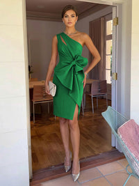 Sheath/Column Elegant Cocktail Dresses One Shoulder Satin Short-Length with Bowknot Waist