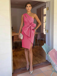 Sheath/Column Elegant Cocktail Dresses One Shoulder Satin Short-Length with Bowknot Waist