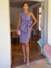 Sheath/Column Elegant Cocktail Dresses One Shoulder Satin Short-Length with Bowknot Waist