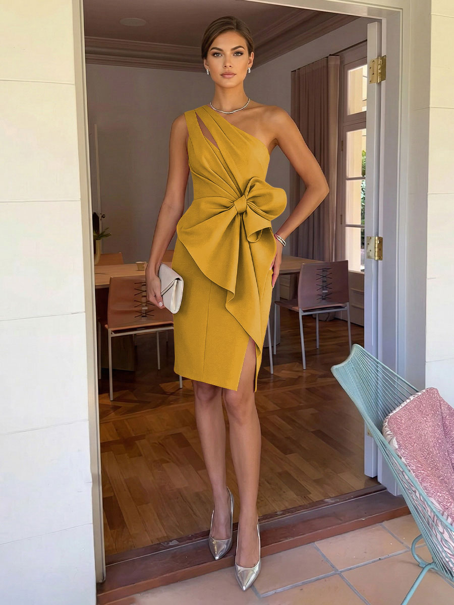 Sheath/Column Elegant Cocktail Dresses One Shoulder Satin Short-Length with Bowknot Waist