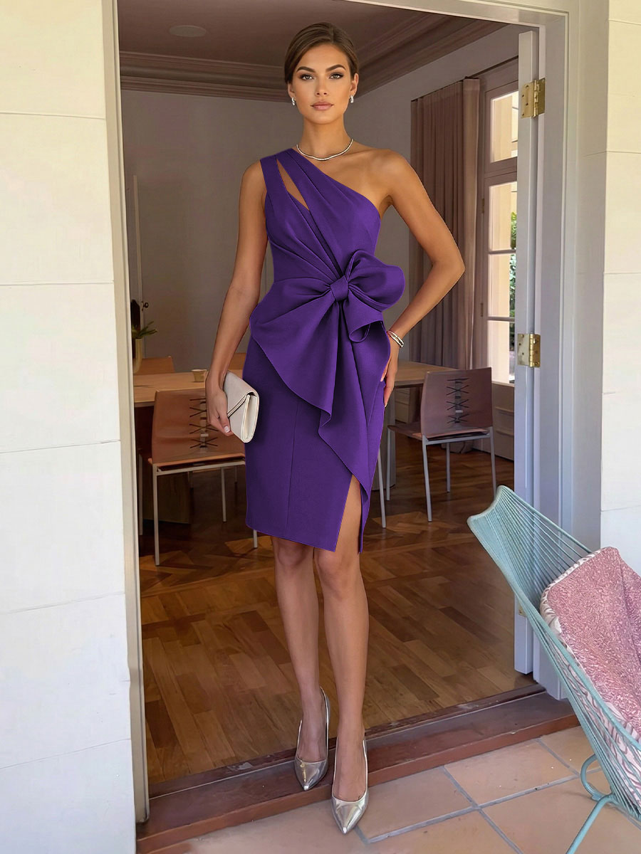 Sheath/Column Elegant Cocktail Dresses One Shoulder Satin Short-Length with Bowknot Waist