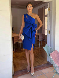 Sheath/Column Elegant Cocktail Dresses One Shoulder Satin Short-Length with Bowknot Waist