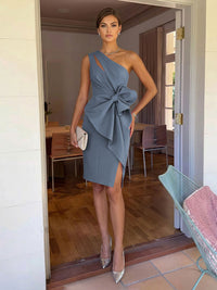 Sheath/Column Elegant Cocktail Dresses One Shoulder Satin Short-Length with Bowknot Waist