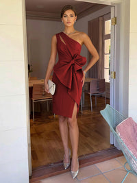 Sheath/Column Elegant Cocktail Dresses One Shoulder Satin Short-Length with Bowknot Waist