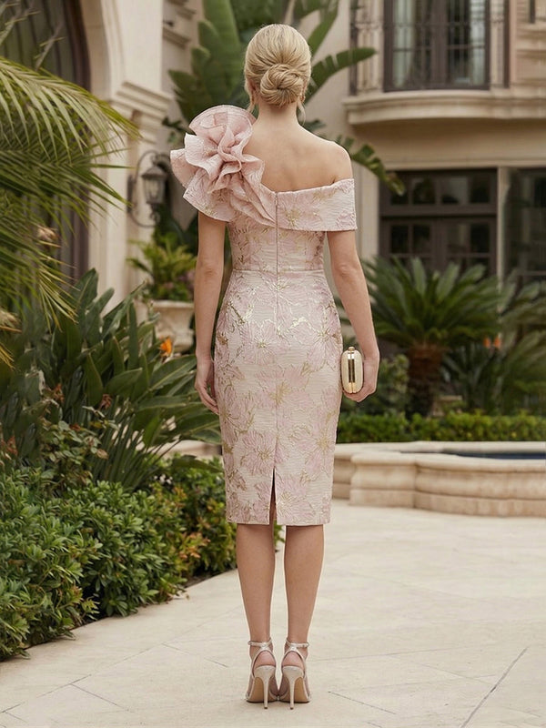 Sheath/Column Elegant Cocktail Dresses Off Shoulder Jacquard Tea-Length Flower