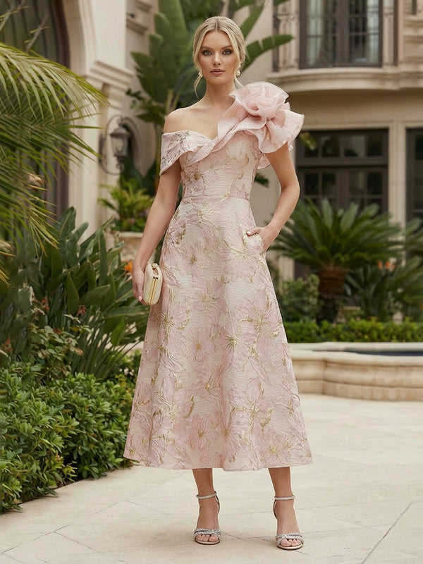 A-Line/Princess Elegant Cocktail Dresses Off Shoulder Jacquard Tea-Length Flower