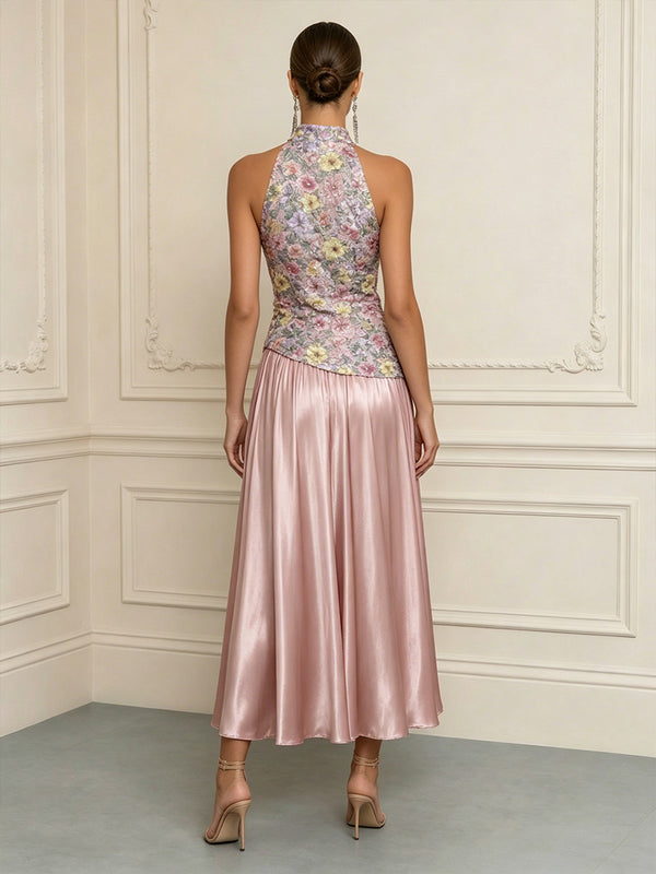 A-Line/Princess Elegant Cocktail Dresses Tea-Length Pleated Satin Sequin Floral Bodice