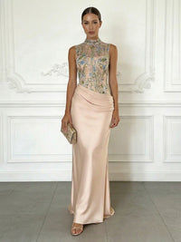 Sheath/Column Elegant Cocktail Dresses Floor-Length Satin Floral Illusion Bodice