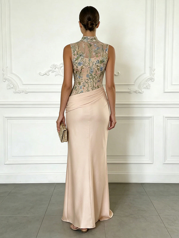 Sheath/Column Elegant Cocktail Dresses Floor-Length Satin Floral Illusion Bodice