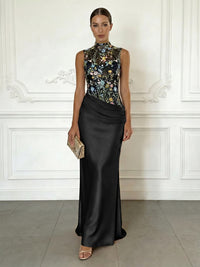 Sheath/Column Elegant Cocktail Dresses Floor-Length Satin Floral Illusion Bodice