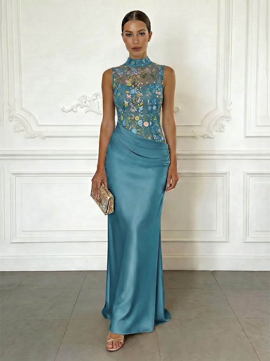 Sheath/Column Elegant Cocktail Dresses Floor-Length Satin Floral Illusion Bodice