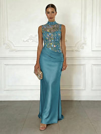 Sheath/Column Elegant Cocktail Dresses Floor-Length Satin Floral Illusion Bodice