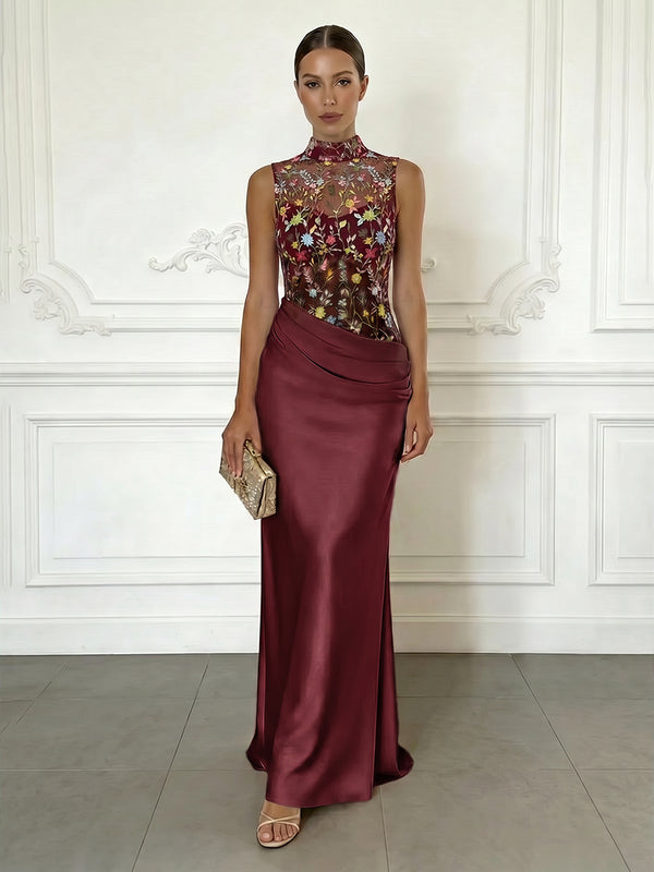 Sheath/Column Elegant Cocktail Dresses Floor-Length Satin Floral Illusion Bodice