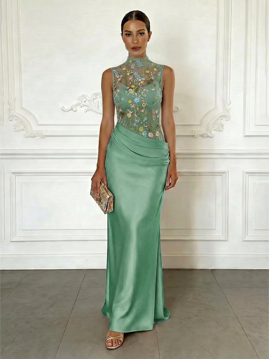 Sheath/Column Elegant Cocktail Dresses Floor-Length Satin Floral Illusion Bodice