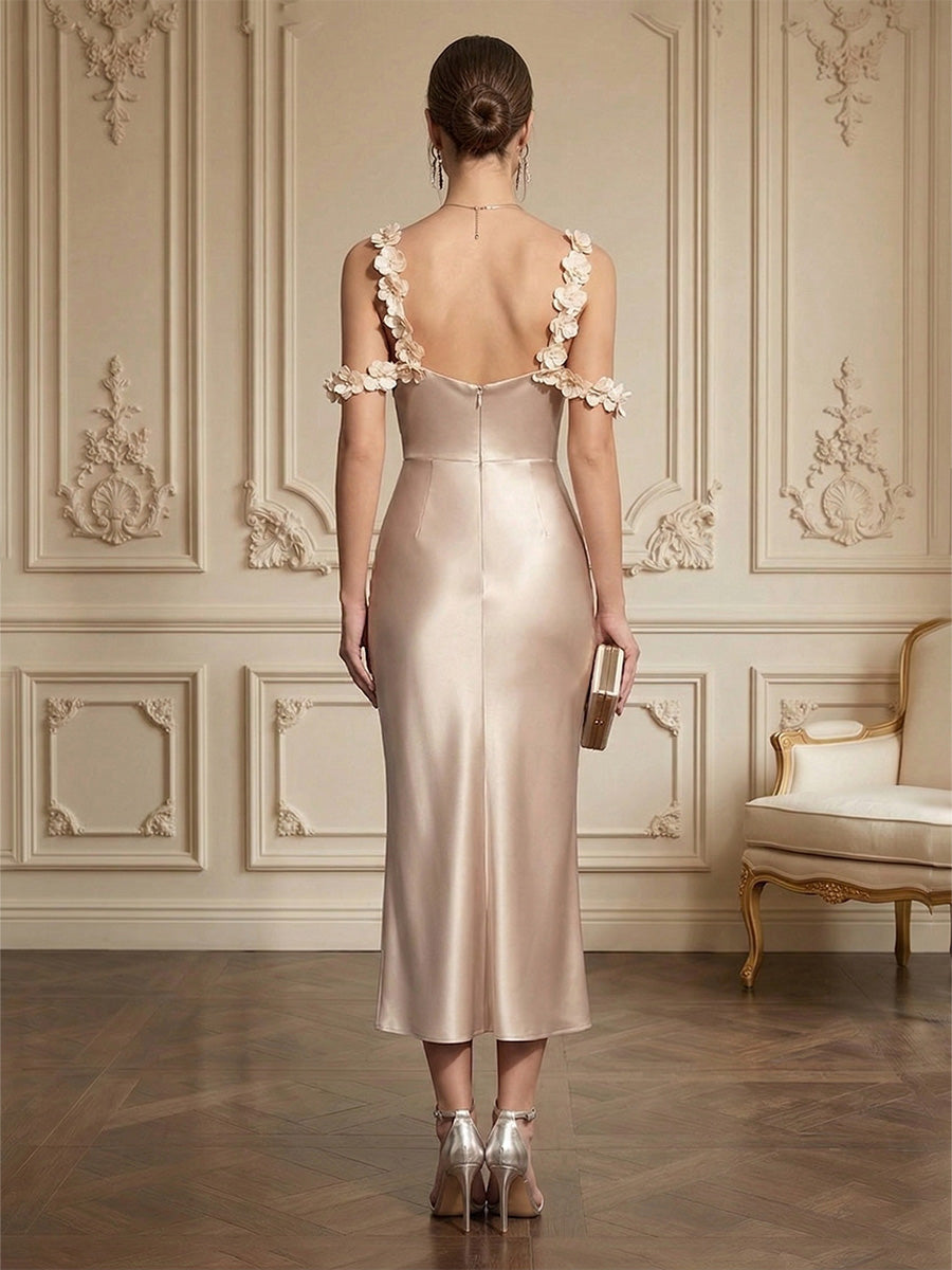 Sheath/Column Elegant Cocktail Dresses Tea-Length Satin Spaghetti Straps Cowl Neck