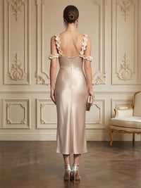 Sheath/Column Elegant Cocktail Dresses Tea-Length Satin Spaghetti Straps Cowl Neck