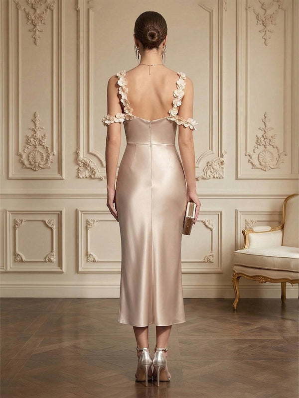 Sheath/Column Elegant Cocktail Dresses Tea-Length Satin Spaghetti Straps Cowl Neck