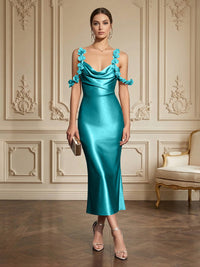 Sheath/Column Elegant Cocktail Dresses Tea-Length Satin Spaghetti Straps Cowl Neck