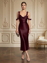 Sheath/Column Elegant Cocktail Dresses Tea-Length Satin Spaghetti Straps Cowl Neck