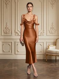 Sheath/Column Elegant Cocktail Dresses Tea-Length Satin Spaghetti Straps Cowl Neck