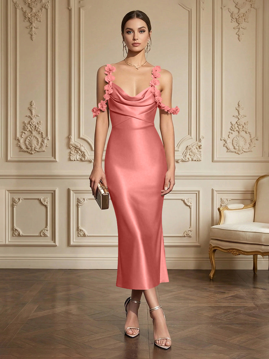 Sheath/Column Elegant Cocktail Dresses Tea-Length Satin Spaghetti Straps Cowl Neck