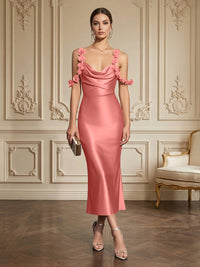 Sheath/Column Elegant Cocktail Dresses Tea-Length Satin Spaghetti Straps Cowl Neck