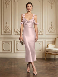 Sheath/Column Elegant Cocktail Dresses Tea-Length Satin Spaghetti Straps Cowl Neck